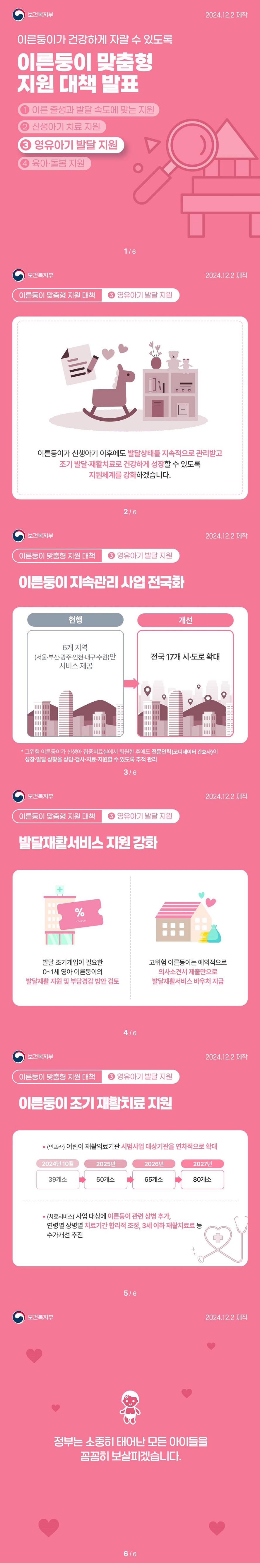 이른둥이가 건강하게 자랄 수 있도록 이른둥이 맞춤형 지원 대책 발표 3 영유아기 발달 지원 (보건복지부) 이른둥이가 신생아기 이후에도 발달상태를 지속적으로 관리받고 조기 발달·재활치료로 건강하게 성장할 수 있도록 지원체계를 강화하겠습니다. ■ 이른둥이 지속관리 사업 전국화 · (현행) 6개 지역(서울·부산·광주·인천·대구·수원)만 서비스 제공 · (개선) 전국 17개 시·도로 확대 * 고위험 이른둥이가 신생아 집중치료실에서 퇴원한 후에도 전문인력(코디네이터 간호사)이 성장·발달 상황을 상담·검사·치료·지원할 수 있도록 추적 관리 ■ 발달재활서비스 지원 강화 · 발달 조기개입이 필요한 0~1세 영아 이른둥이의 발달재활 지원 및 부담경감 방안 검토 · 고위험 이른둥이는 예외적으로 의사소견서 제출만으로 발달재활서비스 바우처 지급 ■ 이른둥이 조기 재활치료 지원 · (인프라) 어린이 재활의료기관 시범사업 대상기관을 연차적으로 확대  2024년 10월(39개소) → 2025년(50개소) → 2026년(65개소) → 2027년(80개소) · (치료서비스) 사업 대상에 이른둥이 관련 상병 추가, 연령별·상병별 치료기간 합리적 조정, 3세 이하 재활치료료 등 수가개선 추진 정부는 소중히 태어난 모든 아이들을 꼼꼼히 보살피겠습니다.